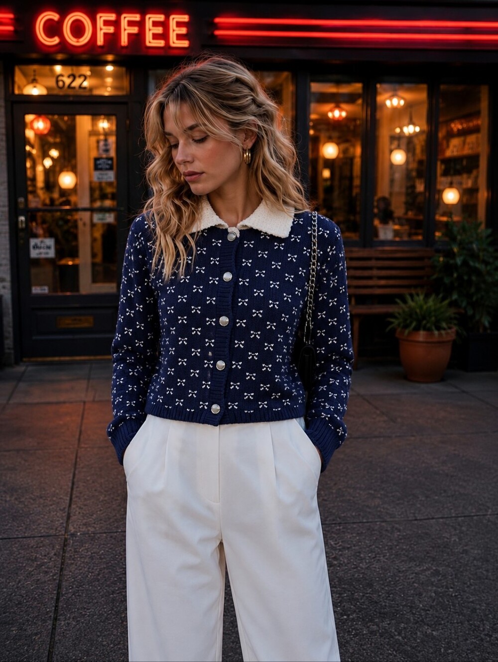Soho & Stella Women’s Cropped Knit Cardigan Blue White Collar Nautical Size M